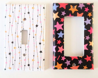 Colorful stars decor, star themed room, lightswitch covers, decorated switchplate, colourful home decor, stars art, stars wall decor