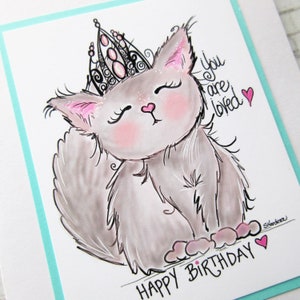 Carte d'anniversaire de chaton pelucheux, carte de chaton de princesse. Jolie carte de voeux de chat, carte d'anniversaire de chat, art de chat, animaux de princesse, carte de voeux faite main