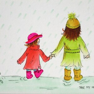 Watercolour Painting, original art, painting of children, painting of sisters, walking in the rain watercolour, colourful art, whimsical