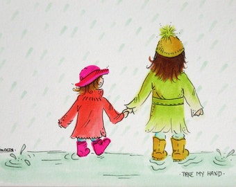 Watercolour Painting, original art, painting of children, painting of sisters, walking in the rain watercolour, colourful art, whimsical
