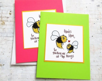 Handmade Mother's and Father's Day cards, illustrated father's day cards, bumblebee cards for mom, dad birthday cards, bee drawing cards