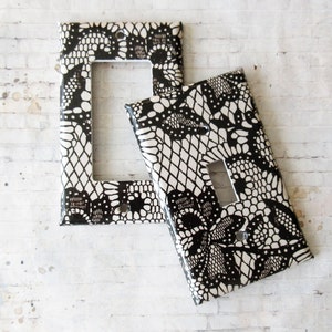 Black and white decor, victorian lace themed decor, lightswitch covers, wall decor, black and white home decor , handcrafted lightswitch