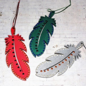 Unconventional ornaments, set of 3 decorations, feather decoration, one of a kind decorations,handpainted wood feather danglers