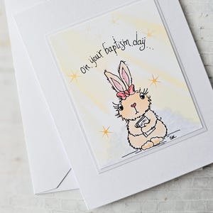 Carte de baptême de lapin, art de lapin, illustration de lapin, cartes de baptême, amoureux des lapins, cartes vierges, voeux mignons, cartes faites main