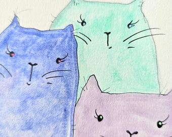 Art de chat, art aquarelle de chat, illustration de chat, art original de trois chats, décor de chat, dessin de chat coloré, image de chat simple, chats