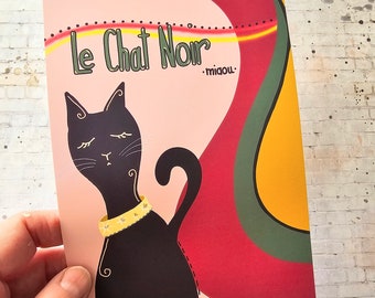 French Black Cat Art Print: Art Deco Gold Glitter Collar