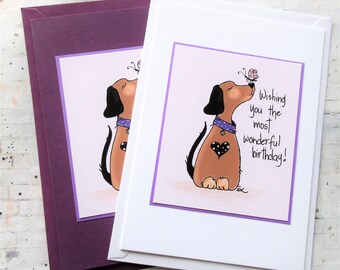 Handmade Dog Birthday Card, Puppy and butterfly illustration