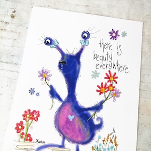 Cute floral decor, flower monster art, whimsical wall art, beauty quote,art prints, kids room decor, cute monster drawing, nursery decor