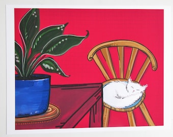 Sleeping Cat Art Print: Whimsical Illustration, Rustic Home Decor