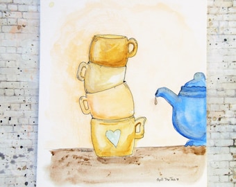 Original Tea and Teacups Painting: Watercolor Wall Art (8x10)