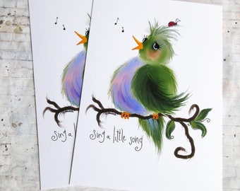 Chubby bird art print, green and purple bird, whimsical bird decor, singing bird art print, nursery decor, animal art prints, birds and bugs