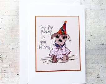 Handmade Dog Birthday Card: "Pup Pup Hooray" Puppy in Dress Greeting