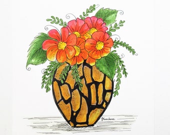 Blumenkunst, Originalkunst, Blumenstraußillustration, orangefarbenes Dekor, Blumendekor, Zeichnungen zum Thema Blumen, kleine Kunstwerke, skurrile Kunst