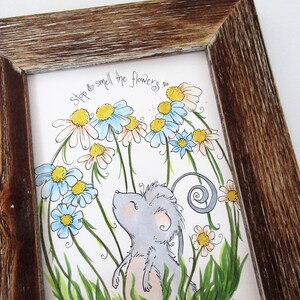 Little mouse art, mouse and flowers illustration, hand drawn whimsical art, animal decor, wildflower decor, gardening art, naturelovers image 2