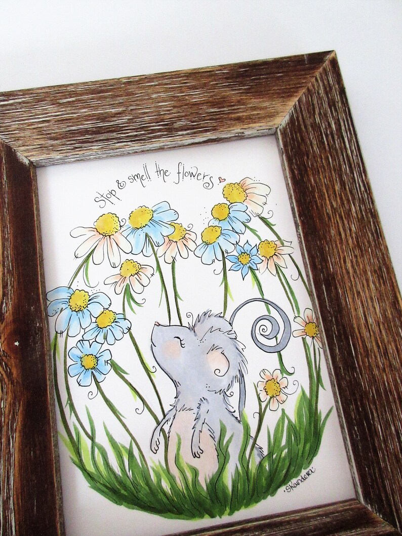 Little mouse art, mouse and flowers illustration, hand drawn whimsical art, animal decor, wildflower decor, gardening art, naturelovers image 2