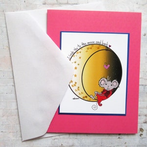 Carte de Saint-Valentin souris, anniversaire, souris sur la lune, amateurs de souris, anniversaire de souris, cartes illustrées, cartes faites main, illustration de souris