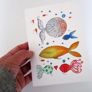 Doodle fish art, colorful fishes  illustration, ocean animal decor, hand drawn fish, original hand drawn artwork, 5 x 7 artwork, sea animals