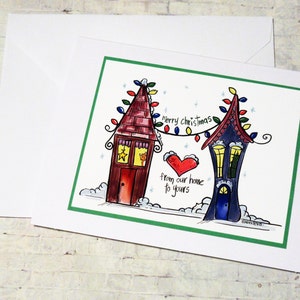 Cartes de Noël fantaisistes faites main, carte de vœux, de notre maison à la vôtre, carte de Noël unique en son genre, de notre famille à la vôtre
