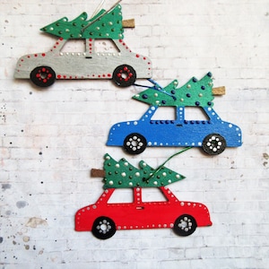 Handpainted car Christmas ornament, unique christmas decorations, red car decor, one of a kind ornaments, christmas decor, tree on car roof