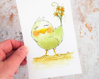 Watercolor Baby Bird Art: Whimsical Chick with Flowers (4x6 in)