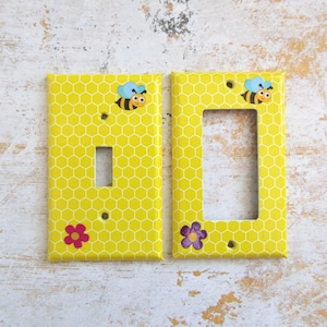 Bumblebee decor, lightswitch covers, Unique bee decor, decorated switchplate, colourful nursery art, handcrafted lightswitch, bees