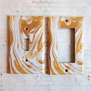 Yellow gold paint swirl decor, lightswitch covers, Unique switchplate, yellow abstract, yellow bedroom decor, handcrafted lightswitch