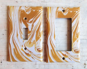 Yellow gold paint swirl decor, lightswitch covers, Unique switchplate, yellow abstract, yellow bedroom decor, handcrafted lightswitch