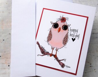 Handcrafted Birthday Card, Whimsical Bird Artwork, Original Design