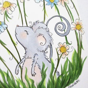 Little mouse art, mouse and flowers illustration, hand drawn whimsical art, animal decor, wildflower decor, gardening art, naturelovers image 6