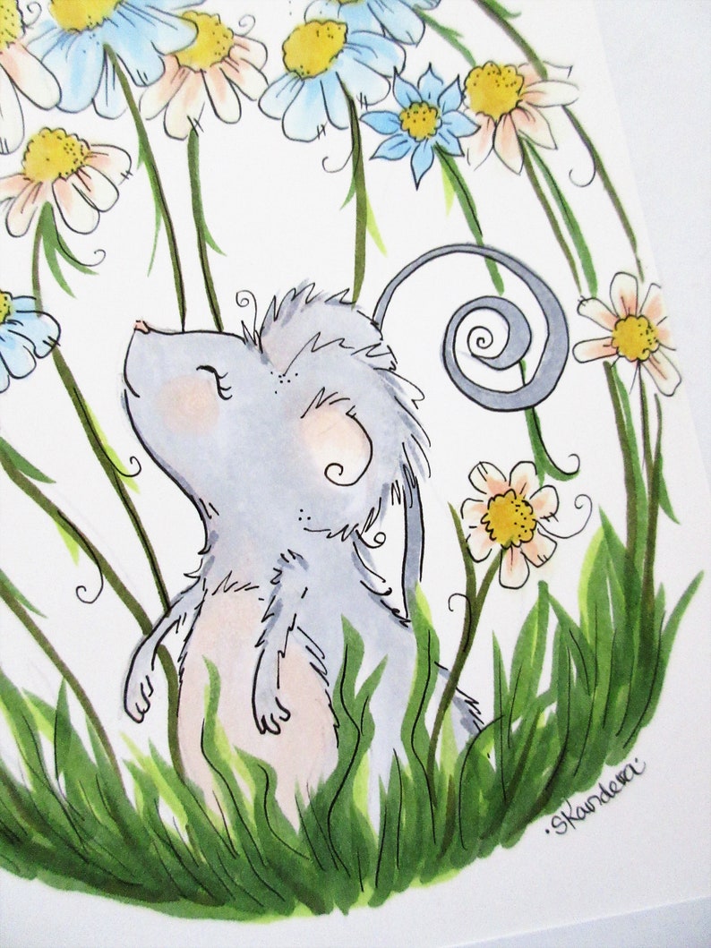 Little mouse art, mouse and flowers illustration, hand drawn whimsical art, animal decor, wildflower decor, gardening art, naturelovers image 6