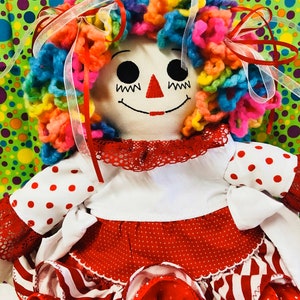 Clown Raggedy Ann Handmade 18 inch collectible doll. Rainbow hair Custom made to order.