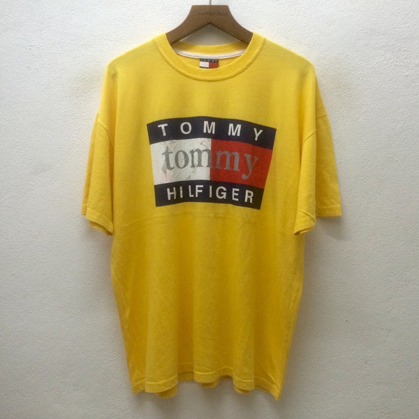 Vintage 90' TOMMY HILFIGER Jeans Box Logo Yellow T-Shirt Sz Large Made in USA