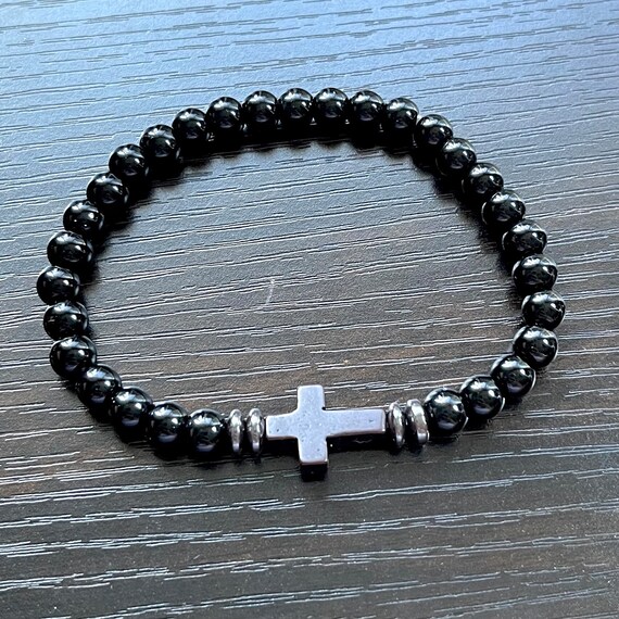 Men's Black Stone Cross Bracelet Jesus Beaded Bracelet - Etsy