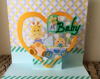 New baby card, yellow, green, gender nuetral baby card, pop-up, 3-D, handmade baby card