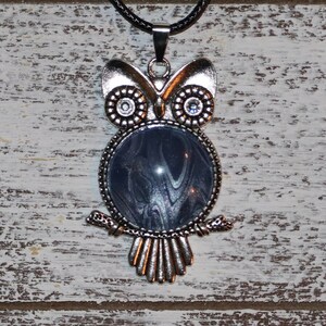 Indigo Owl Fluid Art Cabochon Pendant Necklace