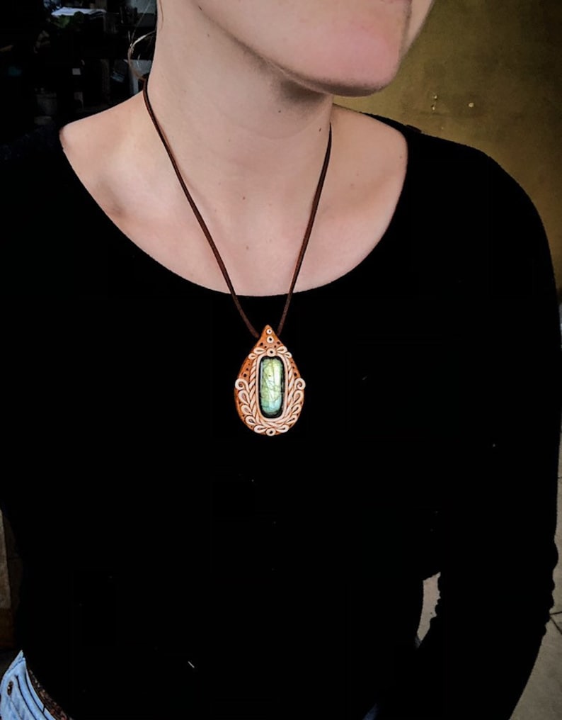 Budding Flower Labradorite Pendant Handmade Floral Design Jewelry Rustic Style Ceramic Jewelry Spring Inspired Necklace