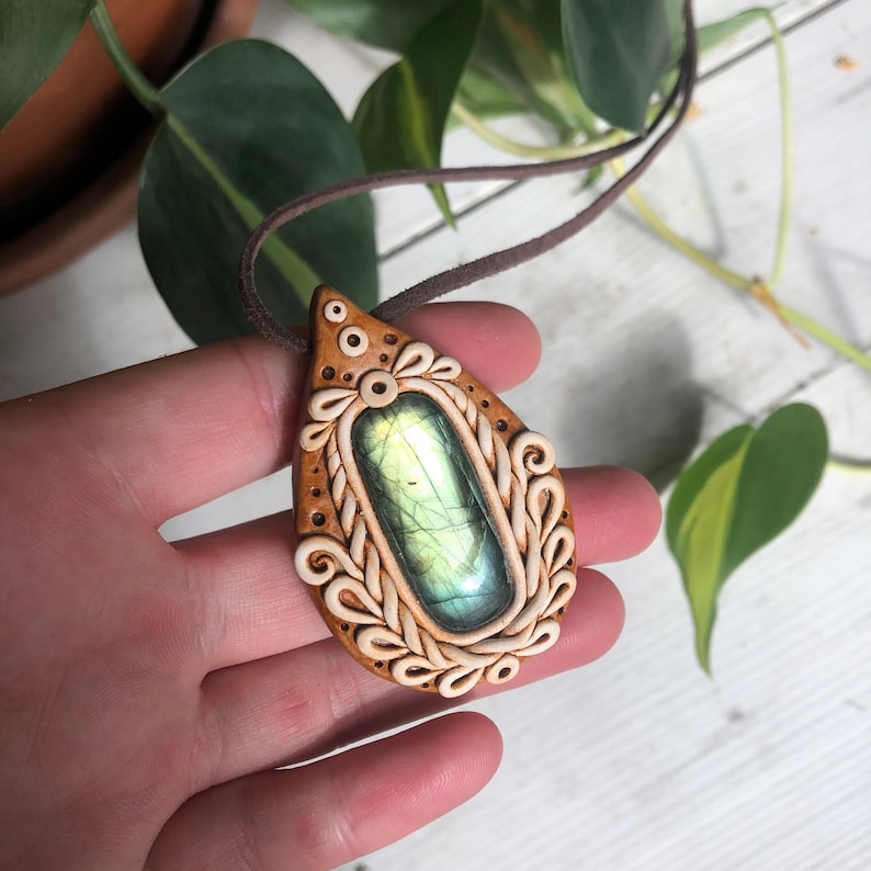Budding Flower Labradorite Pendant Handmade Floral Design Jewelry Rustic Style Ceramic Jewelry Spring Inspired Necklace