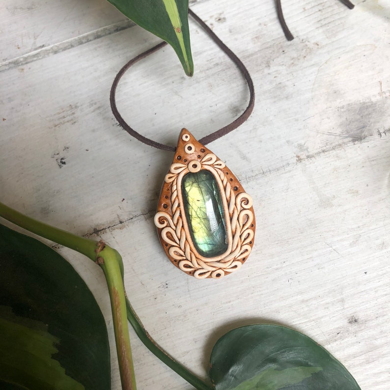 Budding Flower Labradorite Pendant Handmade Floral Design Jewelry Rustic Style Ceramic Jewelry Spring Inspired Necklace