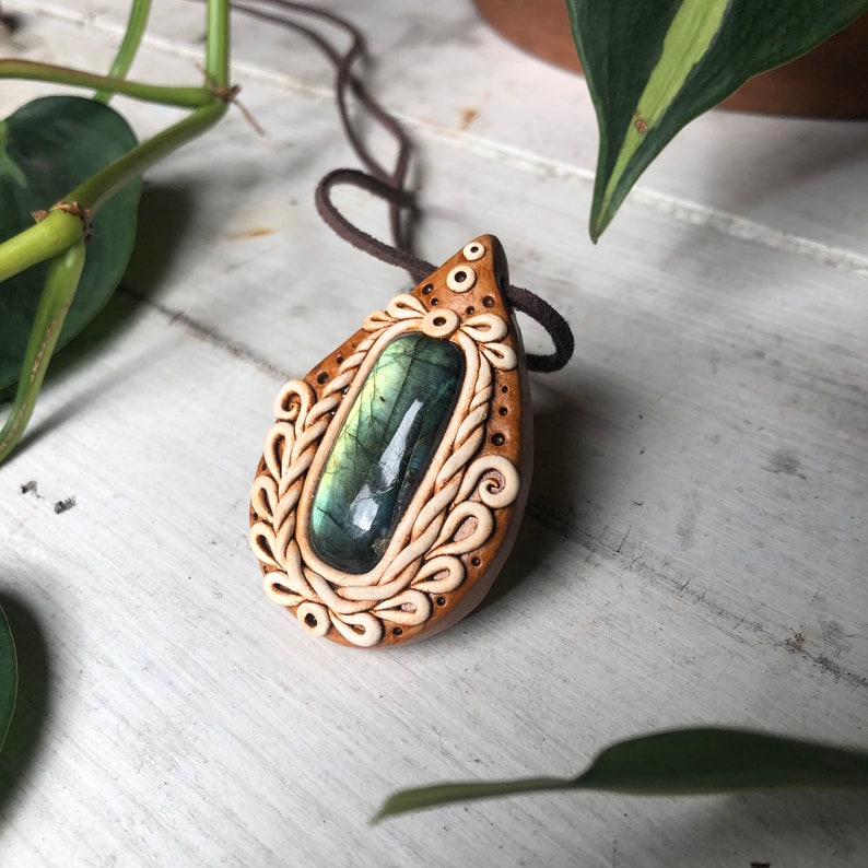 Budding Flower Labradorite Pendant Handmade Floral Design Jewelry Rustic Style Ceramic Jewelry Spring Inspired Necklace