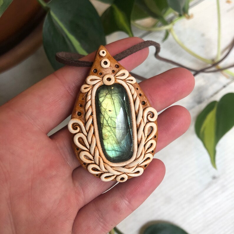 Budding Flower Labradorite Pendant Handmade Floral Design Jewelry Rustic Style Ceramic Jewelry Spring Inspired Necklace