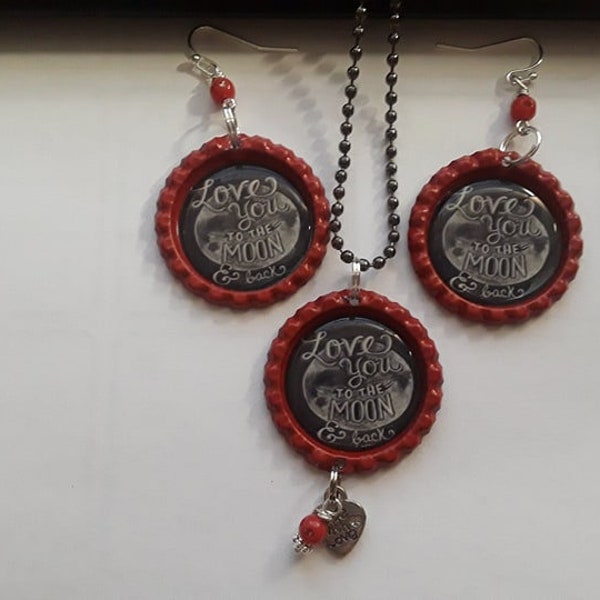 Bottle Cap and Large + Small Dog tag Necklace or Key chain& (To the moon and back )