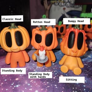 May include: Three orange pumpkin-headed figurines with different head styles: Classic, Rotten, and Bumpy. The figurines have orange bodies, with one holding a candle. The text on the image labels the head and body styles.