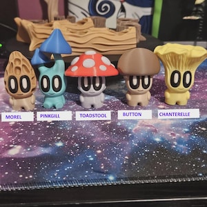 May include: Five colorful mushroom figurines, each with a unique design and name: Morel, Pinkgill, Toadstool, Button, and Chanterelle. The figurines are set against a cosmic background, with the names of each mushroom printed below.