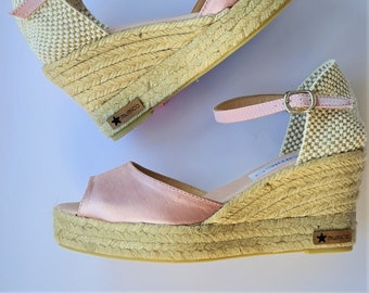 Ankle strap Espadrille Platform Wedges - peep toes - DUSTY PINK SATIN- natural, organic, sustainable