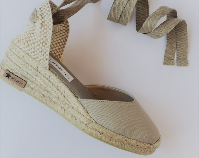 ESPADRILLES WEDGES - pumps - organic vegan sustainable - Lace Up  (5cm - 1.97i) - front stitching/ SAND - Made in Spain
