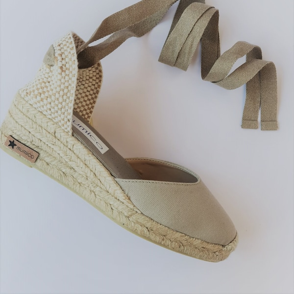 ESPADRILLES WEDGES - pumps - organic vegan sustainable - Lace Up  (5cm - 1.97i) - front stitching/ SAND - Made in Spain