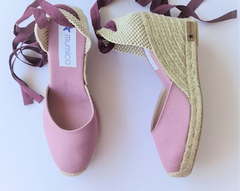 ESPADRILLES WEDGES - PUMPS - organic vegan sustainable - Lace Up  (9cm - 3.54i) - front stitching/ mauve canvas - Made in Spain - vegan