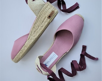 ESPADRILLES WEDGES - PUMPS - organic vegan sustainable - Lace Up  (5cm - 1.97i) - front stitching/ mauve - Made in Spain