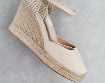 Ankle strap pump espadrille wedges with platform (10cm - 3.94i) - brides collection - IVORY - Made in Spain - natural, vegan, sustainable