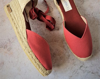 ESPADRILLES wEDgES pUMpS - CHERRY RED - heart shaped - organic vegan sustainable - Lace Up  (5cm - 1.97i) - front stitching - Made in Spain